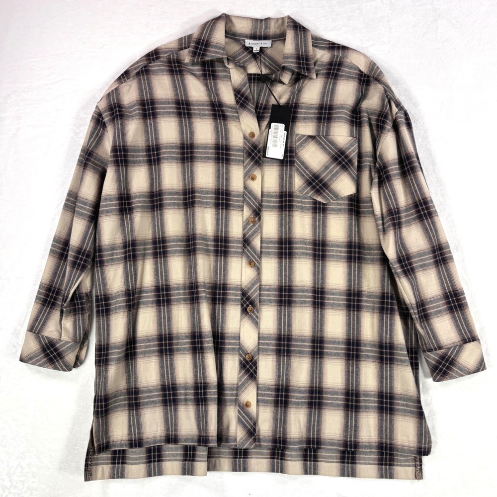Gianni Bini Women Plaid Oversized Button Down Shirt Cotton Cream Navy S NEW